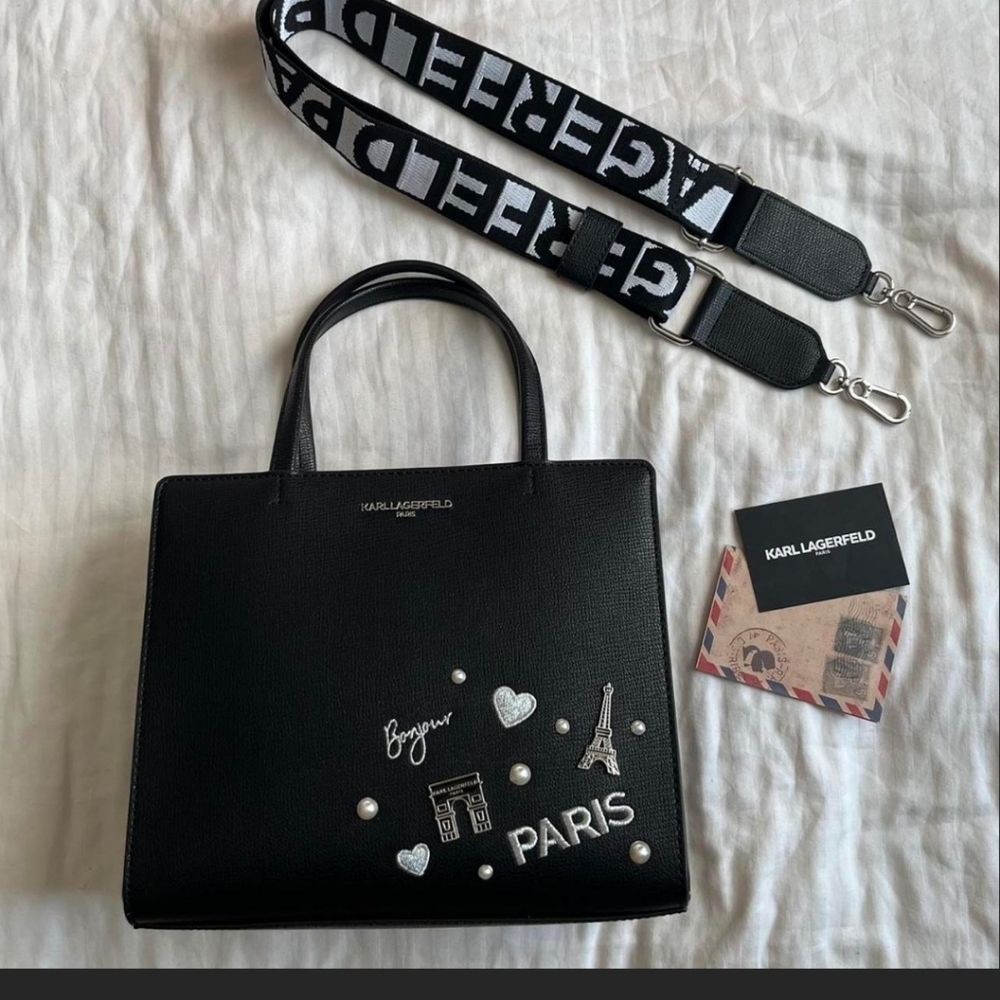 Karl Lagerfeld Black Paris Patch Top-Handle Tote with Logo Strap